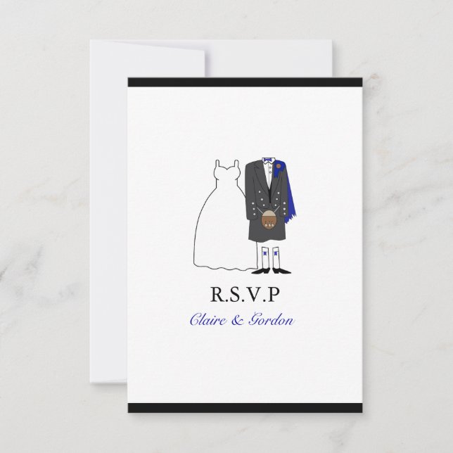Scottish Kilt Bride & Groom Wedding RSVP - blue (Front)