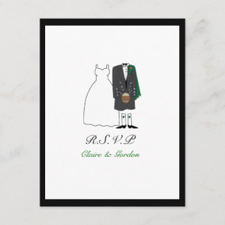 Scottish Kilt Bride & Groom Wedding RSVP -green Card