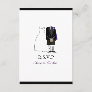 Scottish Kilt Bride & Groom Wedding RSVP -purple Card