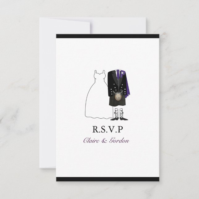 Scottish Kilt Bride & Groom Wedding RSVP -purple Card (Front)