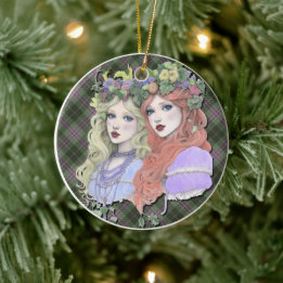 Scottish Lasses on Scottish Thistle tartan Ceramic Tree Decoration