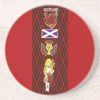 Scottish Lion,Thistle,Flag and Piper on Red Tartan Coaster