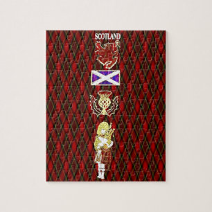 Scottish Lion,Thistle,Flag and Piper on Red Tartan Jigsaw Puzzle