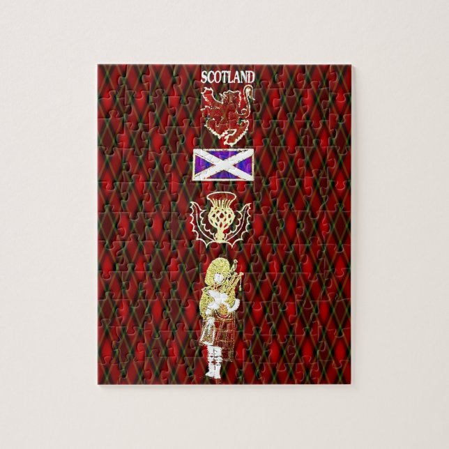 Scottish Lion,Thistle,Flag and Piper on Red Tartan Jigsaw Puzzle (Vertical)