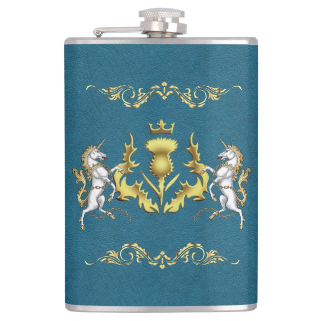 Scottish Personalised Gold Thistle Blue  Hip Flask (Front)
