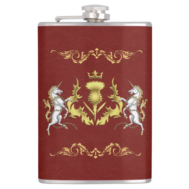 Scottish Personalised Gold Thistle Red Hip Flask (Front)