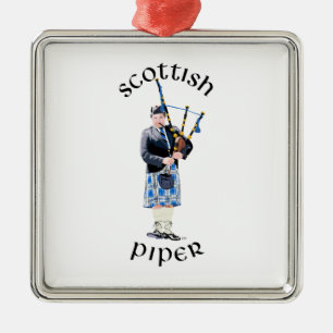 Scottish Piper - Blue Plaid Metal Tree Decoration