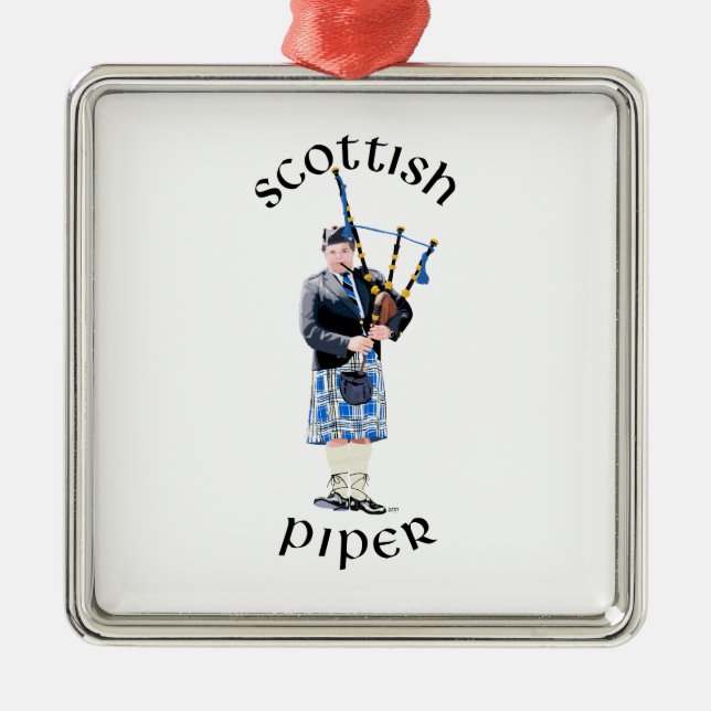 Scottish Piper - Blue Plaid Metal Tree Decoration (Front)