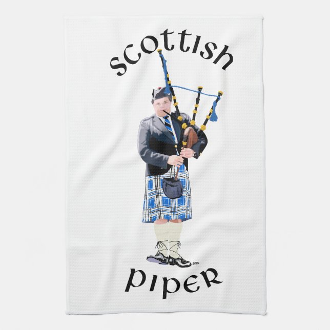 Scottish Piper - Blue Plaid Tea Towel (Vertical)