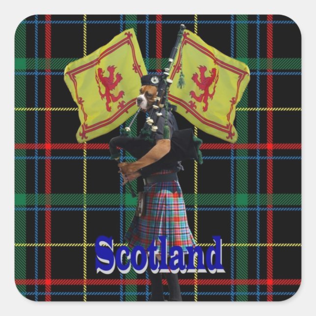 Scottish piper on tartan square sticker (Front)