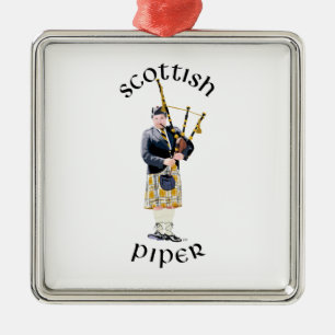 Scottish Piper - Tan Plaid Metal Tree Decoration
