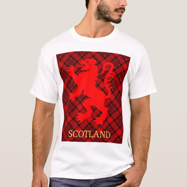 Scottish Red Lion Rampant on Tartan T-Shirt (Front)