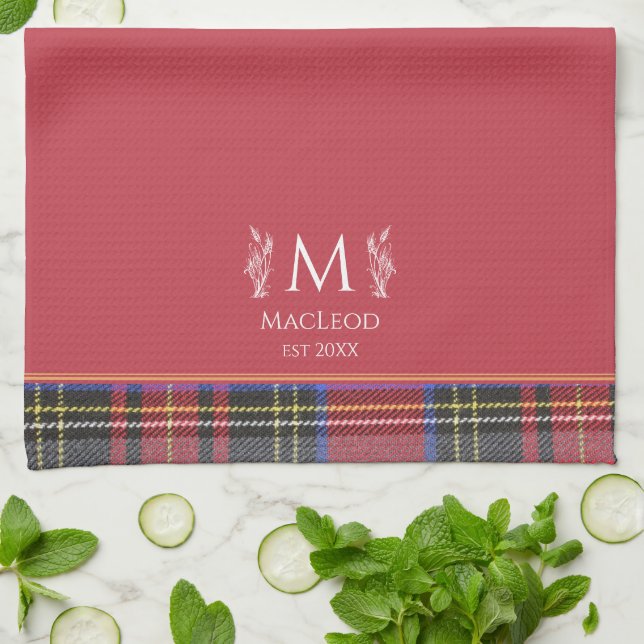 Scottish Red Tartan Custom Monogram Traditional Tea Towel (Folded)