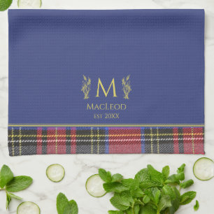 Scottish Red Tartan Customised Custom Name Blue Tea Towel