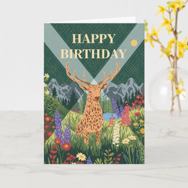 Scottish Stag Birthday Majestic Highland Deer Card (Yellow Flower)