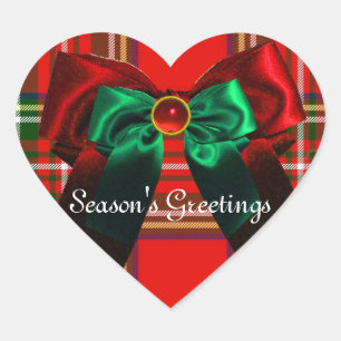 SCOTTISH TARTAN AND RED GREEN BOWS CHRISTMAS HEART STICKER
