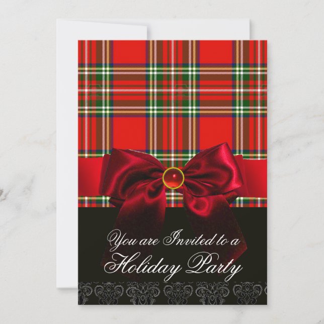 SCOTTISH TARTAN AND RED GREEN BOWS CHRISTMAS PARTY INVITATION (Front)