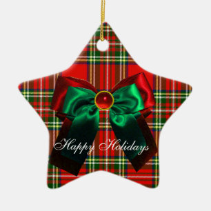 SCOTTISH TARTAN AND RED GREEN CHRISTMAS BOWS STAR CERAMIC TREE DECORATION