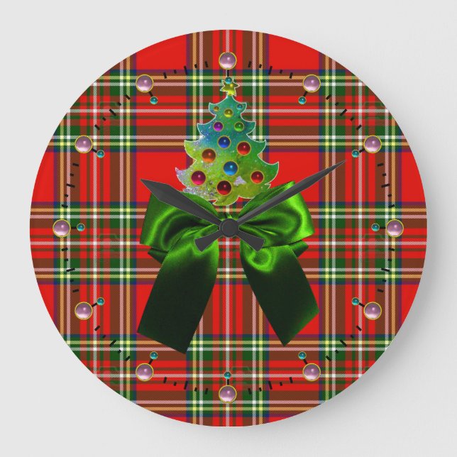 SCOTTISH TARTAN ,GREEN BOW AND CHRISTMAS TREE LARGE CLOCK (Front)