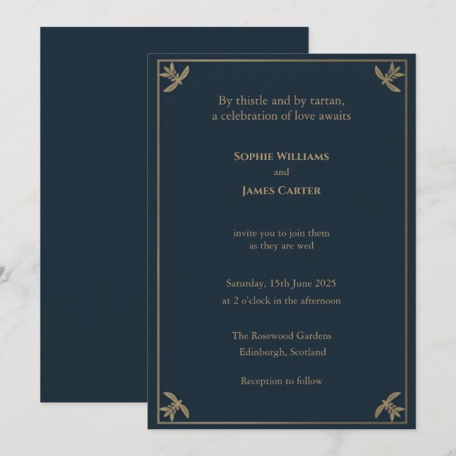 Scottish Tartan Navy Gold Botanical Leaf Corner We Invitation (Front/Back)