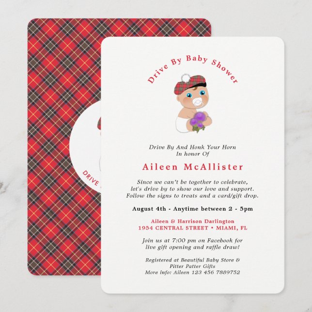 Scottish Tartan Plaid Cute Drive By Baby Shower In Invitation (Front/Back)