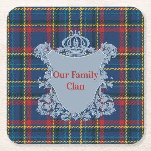 Scottish Tartan Plaid, Name and Crest Square Paper Coaster
