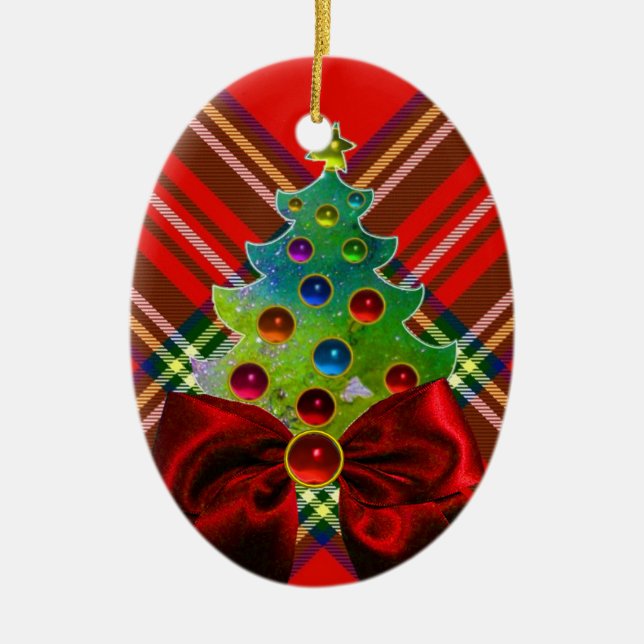 SCOTTISH TARTAN ,RED GREEN BOWS AND CHRISTMAS TREE CERAMIC TREE DECORATION (Front)
