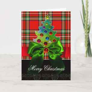SCOTTISH TARTAN ,RED GREEN BOWS AND CHRISTMAS TREE HOLIDAY CARD