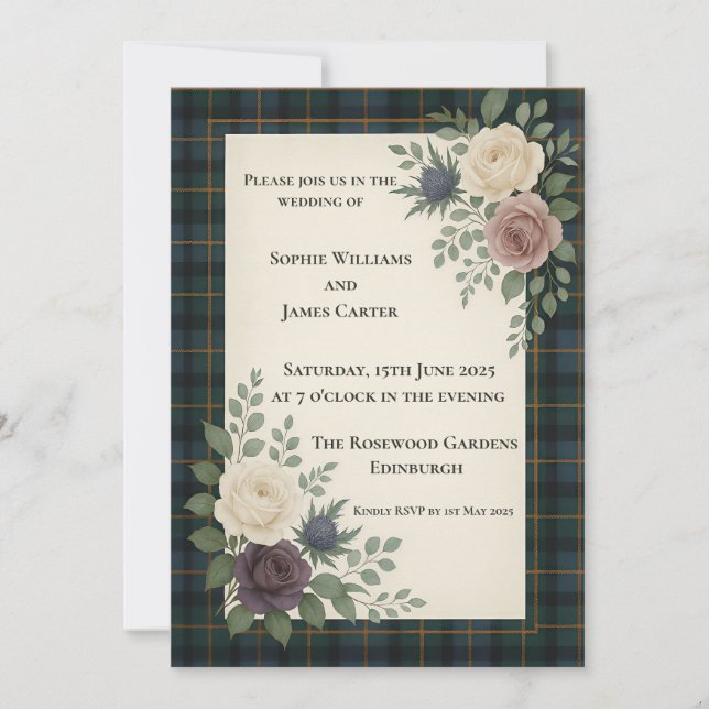 Scottish Tartan Roses Thistle Wedding Invitation (Front)