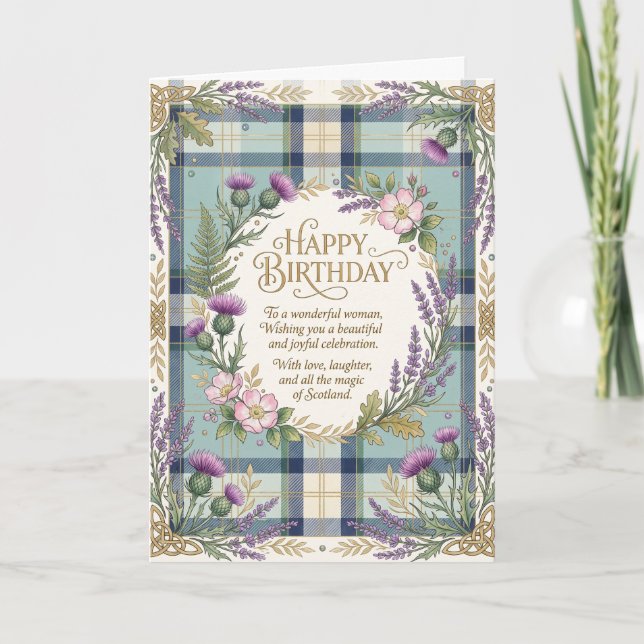 Scottish Tartan Thistle Birthday Card (Front)