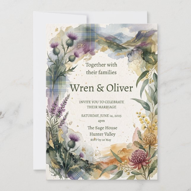 Scottish Tartan Thistle Floral Wedding Invitation (Front)