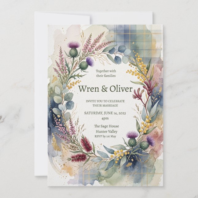 Scottish Tartan Thistle Floral Wedding Invitation (Front)