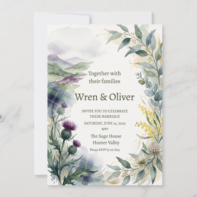 Scottish Tartan Thistle Floral Wedding Invitation (Front)