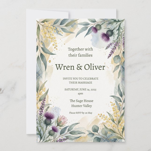 Scottish Tartan Thistle Floral Wedding Invitation (Front)