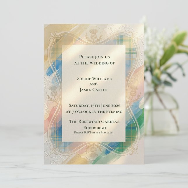 Scottish Tartan Thistle Wedding Invitation | Water (Standing Front)