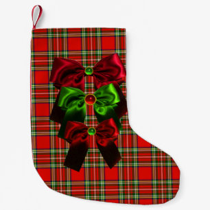 SCOTTISH TARTAN WITH RED GREEN CHRISTMAS BOWS SMALL CHRISTMAS STOCKING