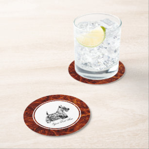 Scottish Terrier and Burl Pattern Personalise Round Paper Coaster