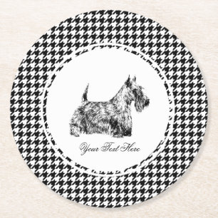 Scottish Terrier and Houndstooth Personalise Round Paper Coaster