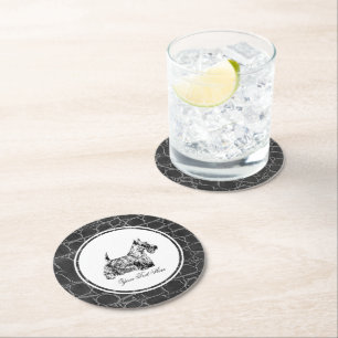 Scottish Terrier and Leather Pattern Personalise Round Paper Coaster