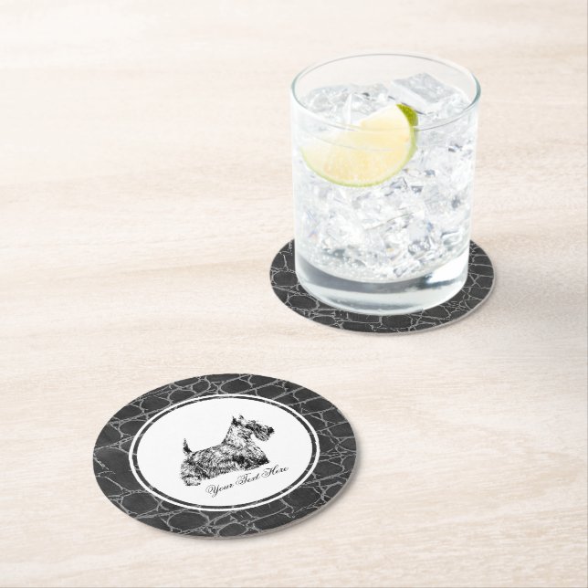 Scottish Terrier and Leather Pattern Personalise Round Paper Coaster (Insitu)