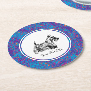 Scottish Terrier and Paisley Personalise Round Paper Coaster