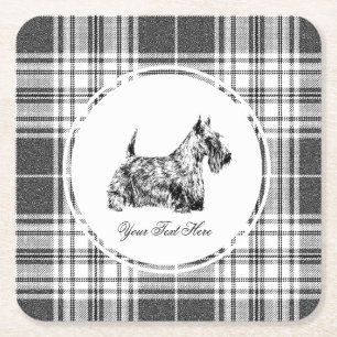 Scottish Terrier and Plaid Personalise Square Paper Coaster