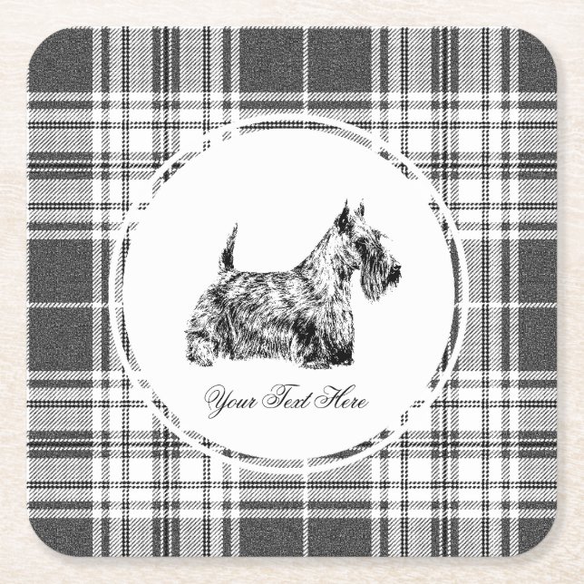 Scottish Terrier and Plaid Personalise Square Paper Coaster (Front)