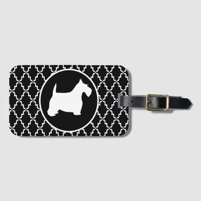 Scottish Terrier Black and White Quatrefoil Luggage Tag (Front Horizontal)