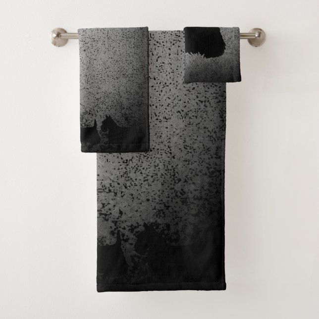 Scottish Terrier, black silhouette, granite silver Bath Towel Set (Insitu)