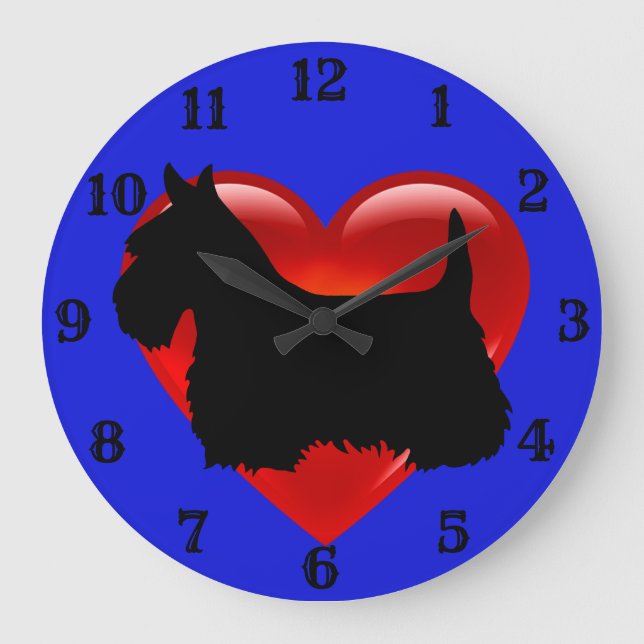 Scottish Terrier black silhouette red heart/blue Large Clock (Front)