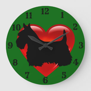 Scottish Terrier black silhouette red heart/green Large Clock