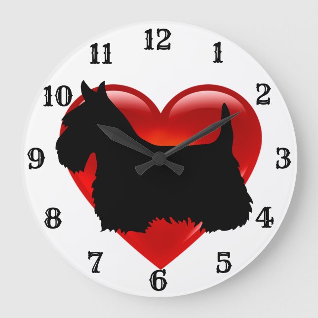 Scottish Terrier black silhouette red heart Large Clock (Front)