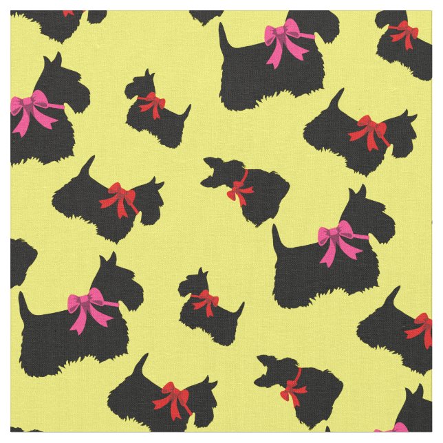 Scottish Terrier black silhouette, red/pink bow Fabric (Close Up)