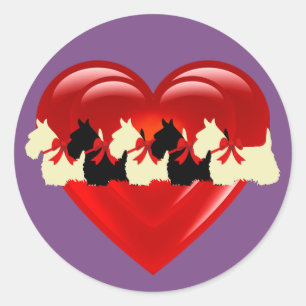 Scottish Terrier black/white double heart/bow Classic Round Sticker